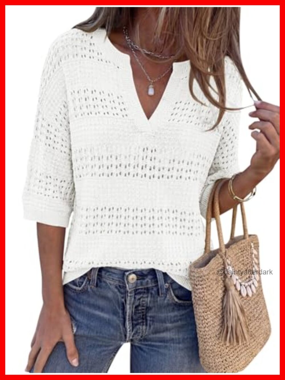 Crochet Hollow Out Knit V-Neck Short Sleeve Oversized Pullover Sweater